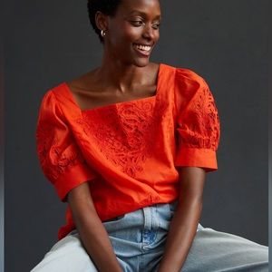 Anthropologie Short Puff Sleeve Cutwork Blouse Boho Peasant Red-Orange Sz XL